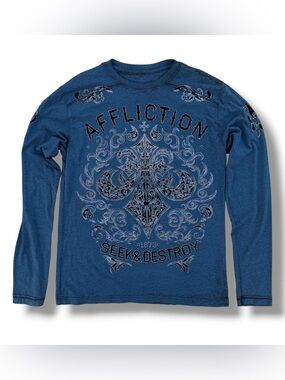 Y2K Affliction Iridescent Long Sleeve T-Shirt Blue Size Medium Grunge Goth